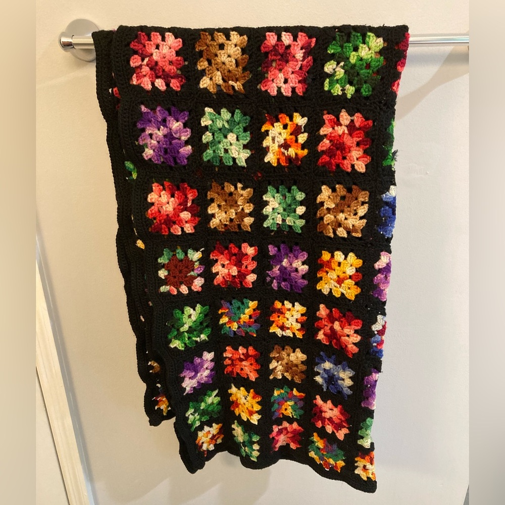 Hand crafted Granny Square Crochet blanket 5x3 black with multi colored squares